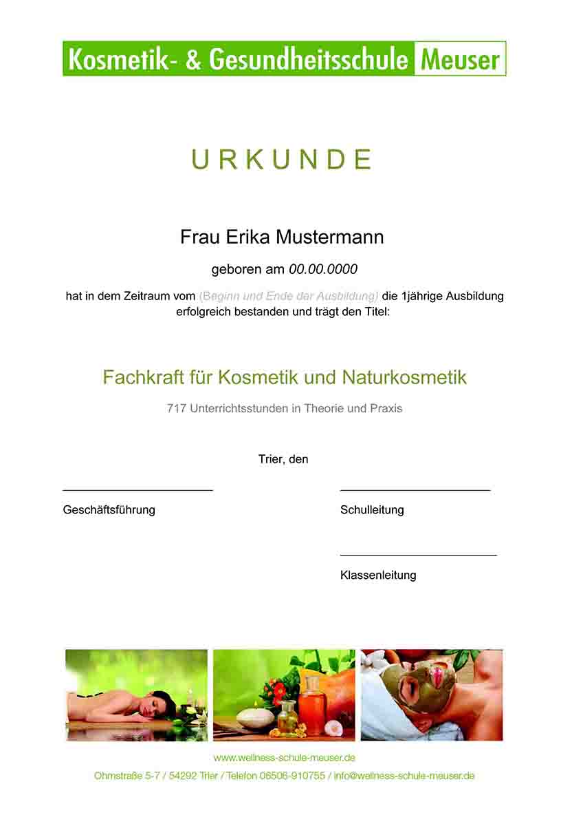 Urkunde Fachkraft für Kosmetik und Naturkosmetik